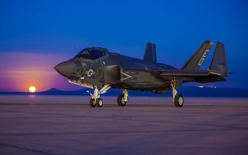 F-35 Fighter Jet — Blue, Dramatic, Sunset, Photograph