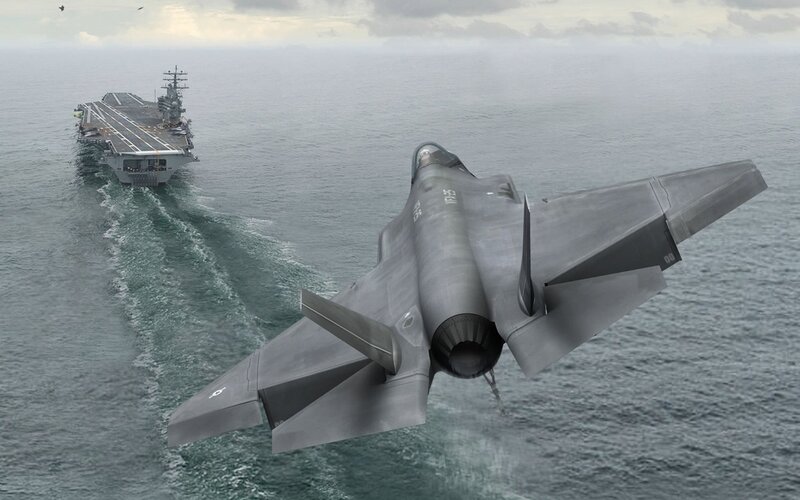 F-35 Fighter Jet — Gray, Dramatic, Digital Art, Aircraft Carrier, Ocean