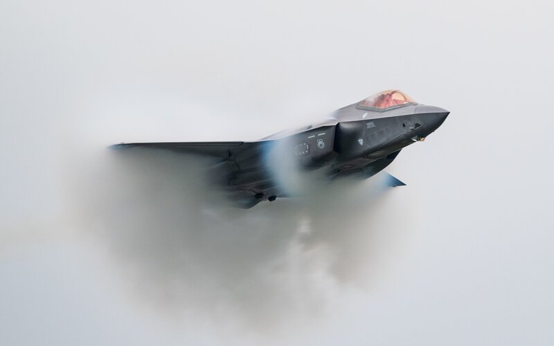 F-35 Fighter Jet — Gray, Dramatic, Photograph, Clouds, Sky