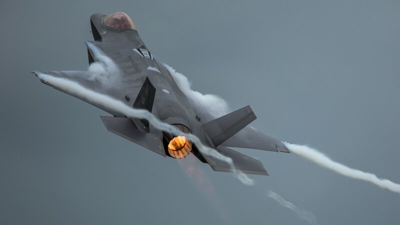 F-35 Fighter Jet — Gray, Dramatic, Photograph, Smoke, Flame