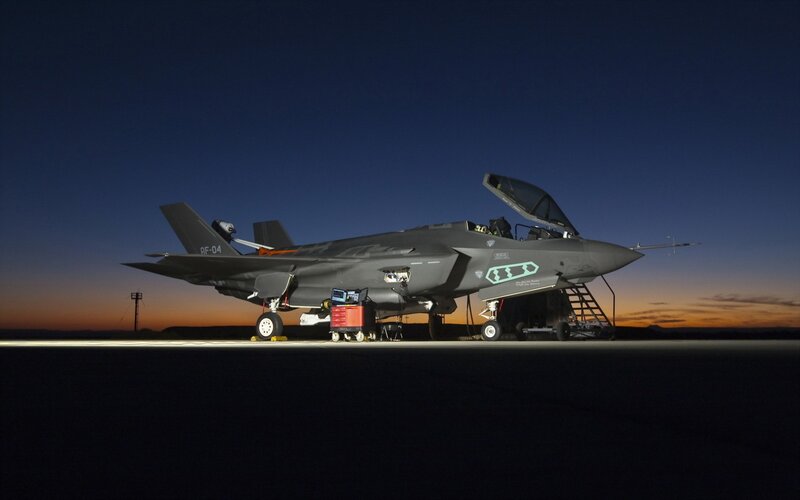 F-35 Fighter Jet — Gray, Dramatic, Sunset, Photograph, Aircraft, Ladder