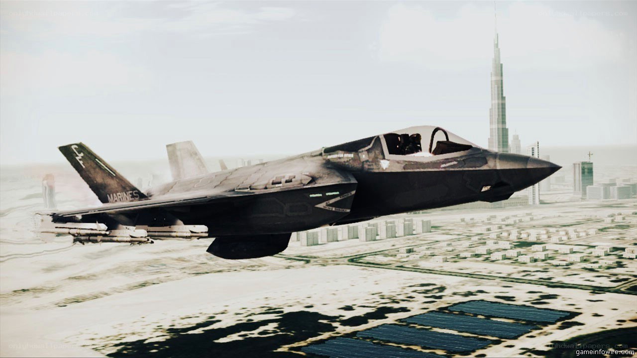 F-35 fighter jet over city