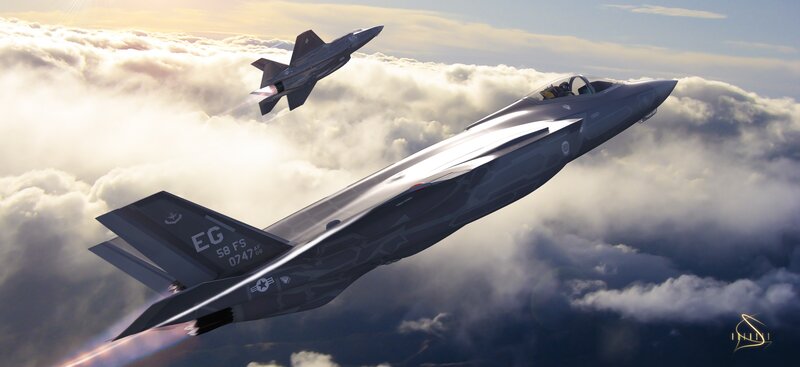 F-35 Fighter Jets — Gray, Dramatic, Sunrise, Digital Art, Clouds