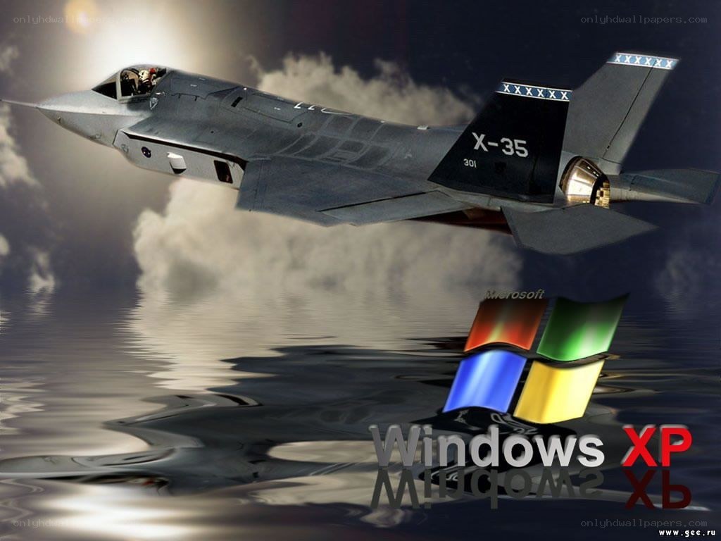 F-35 jet over water with Windows XP logo