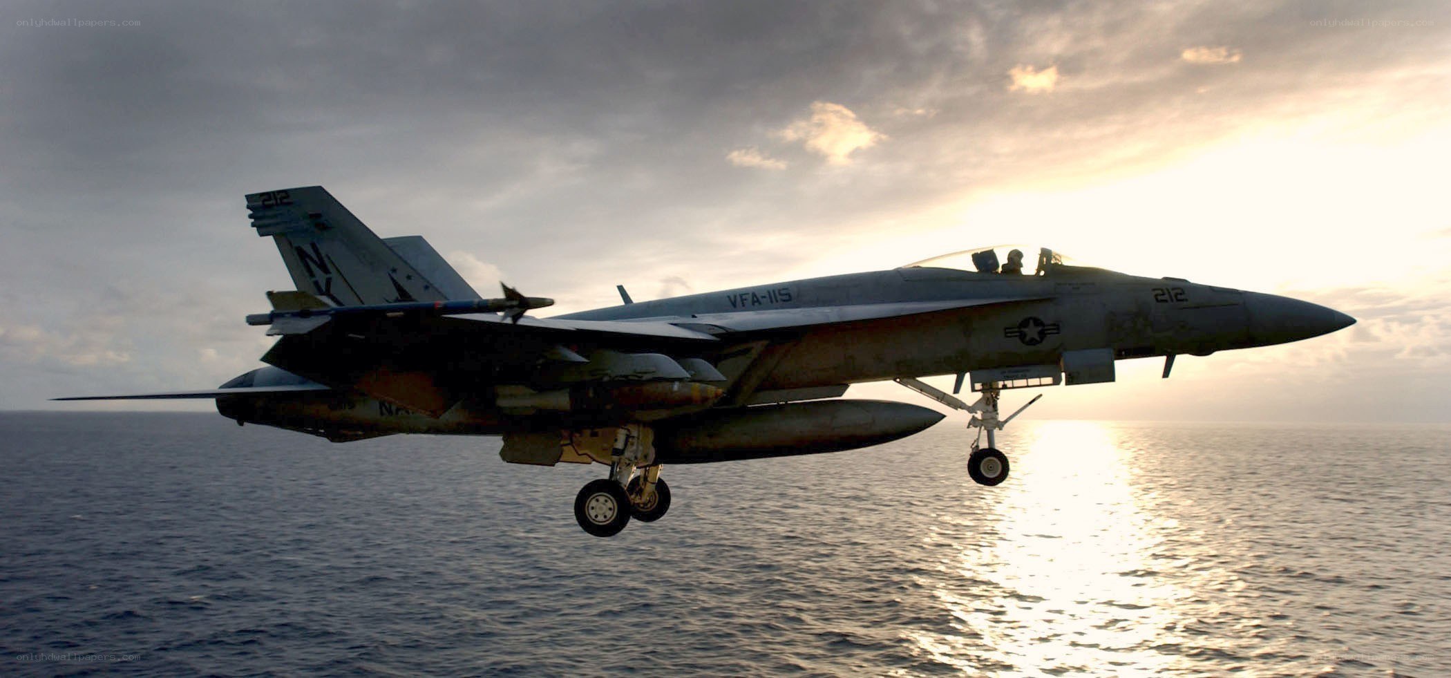 F/A-18 Hornet landing at sunset