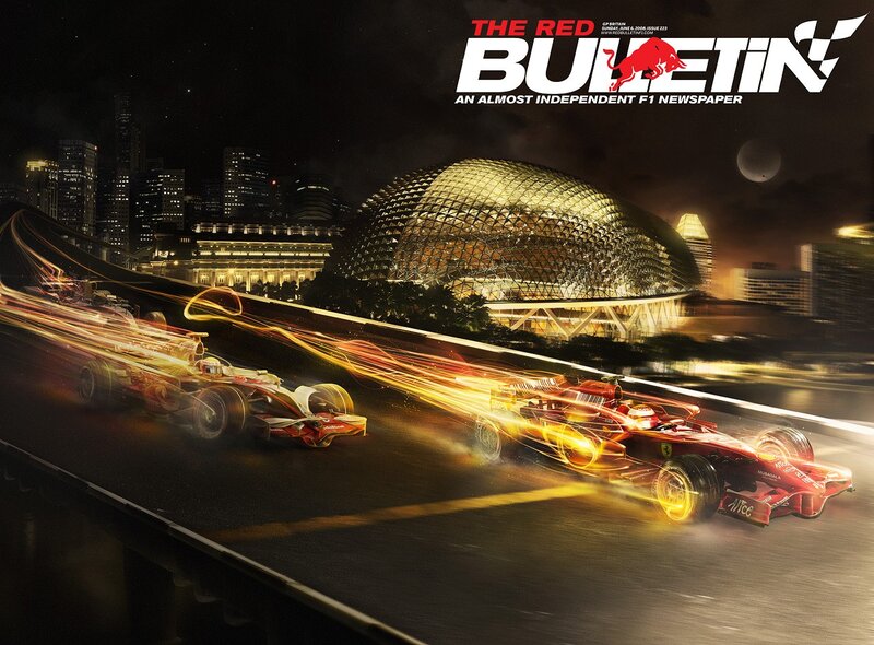 F1 cars racing at night