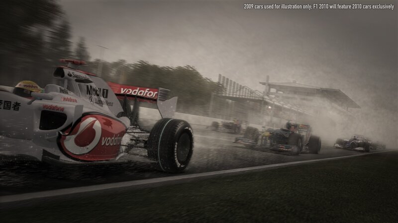 F1 cars racing in rain