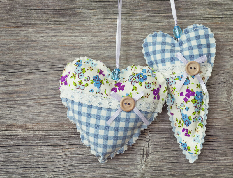 Fabric Hearts on Wood — Blue