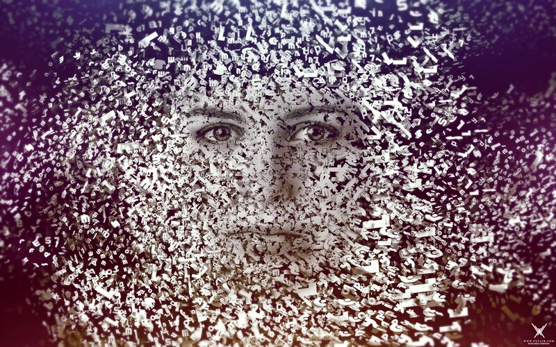 face made of scattered letters