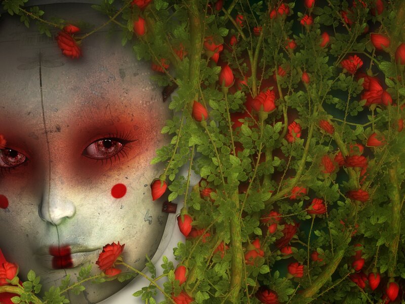 face with red roses