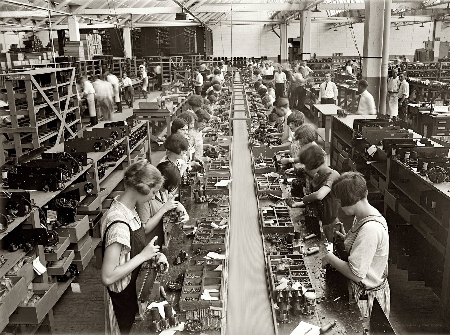 Factory assembly line workers
