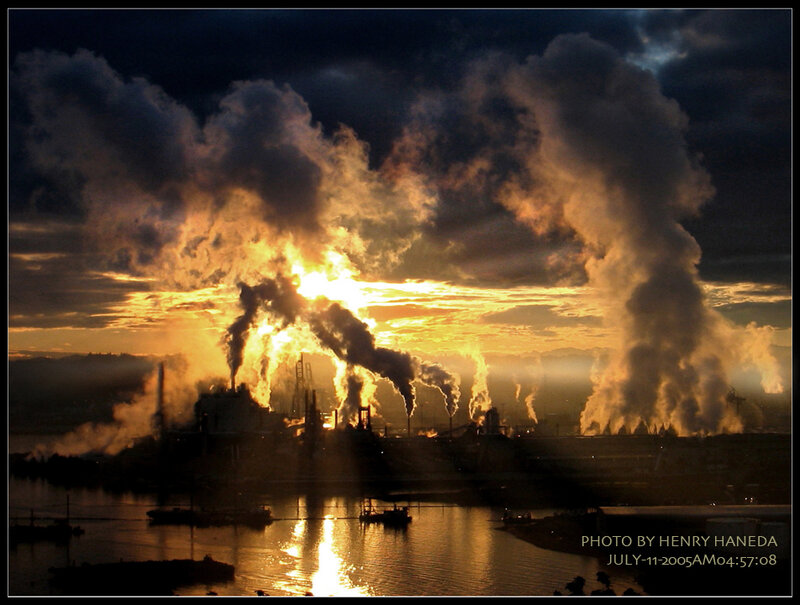 Factory at Sunset with Smoke