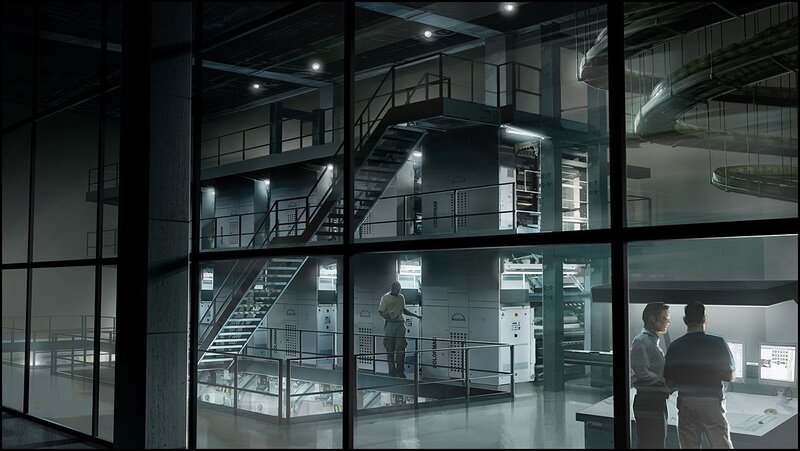 Factory interior with workers