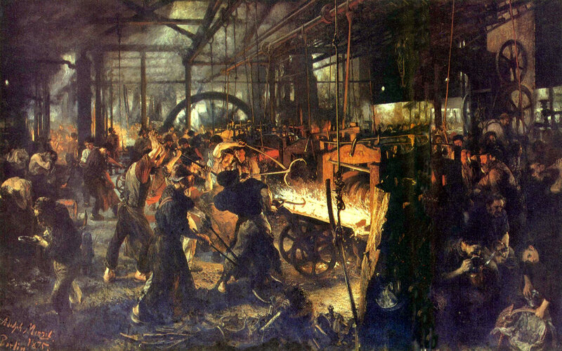Factory workers at night