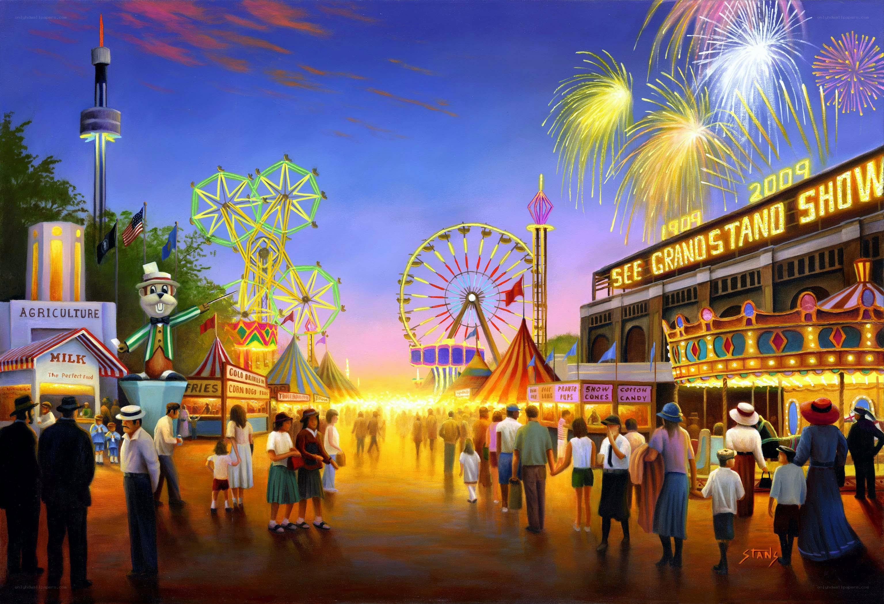 Fairground at Night with Fireworks