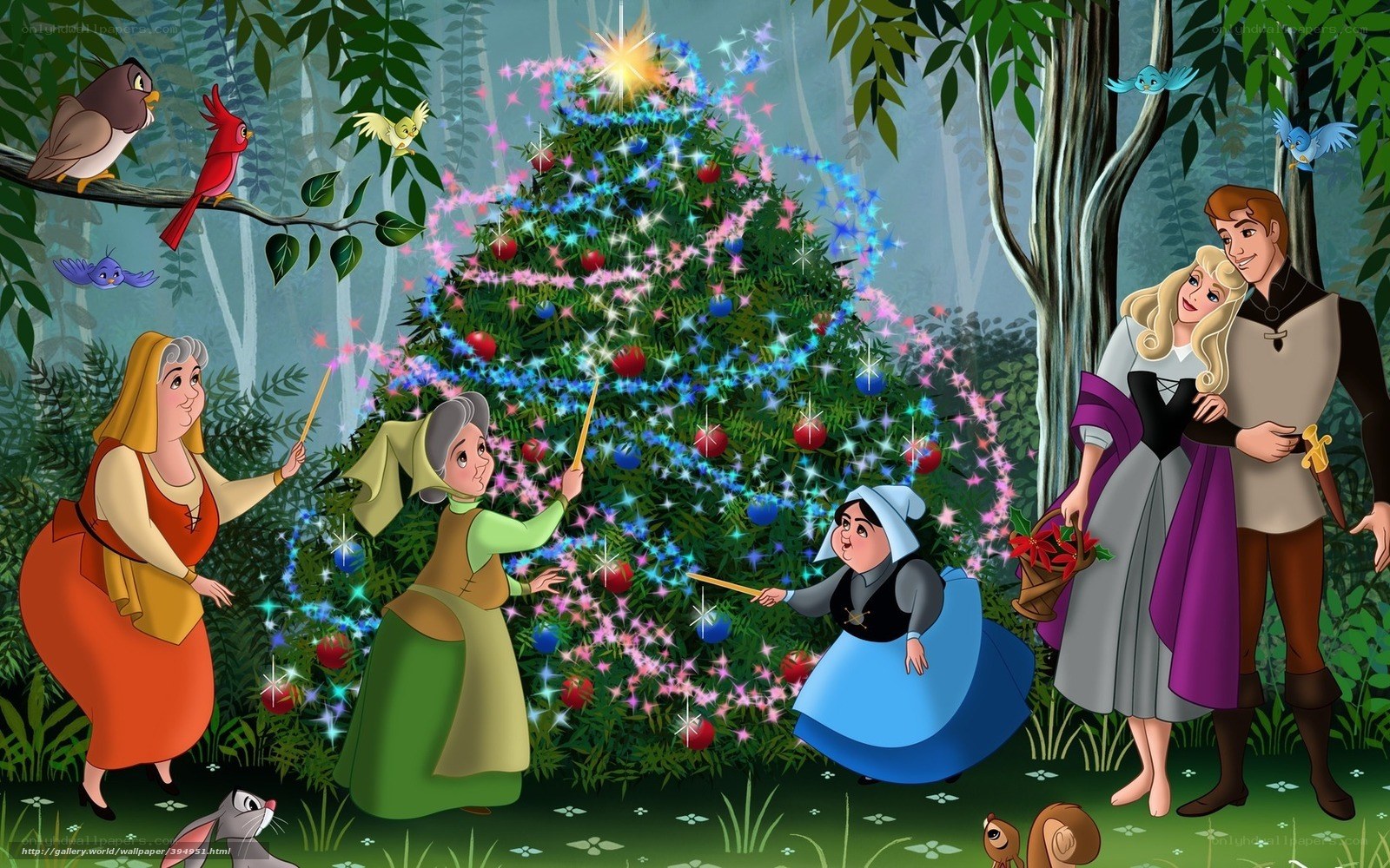 Fairies decorate a Christmas tree
