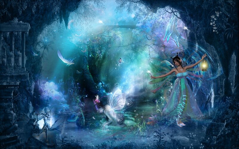 Fairies in a Forest — Blue, Magical, Night, Digital Art