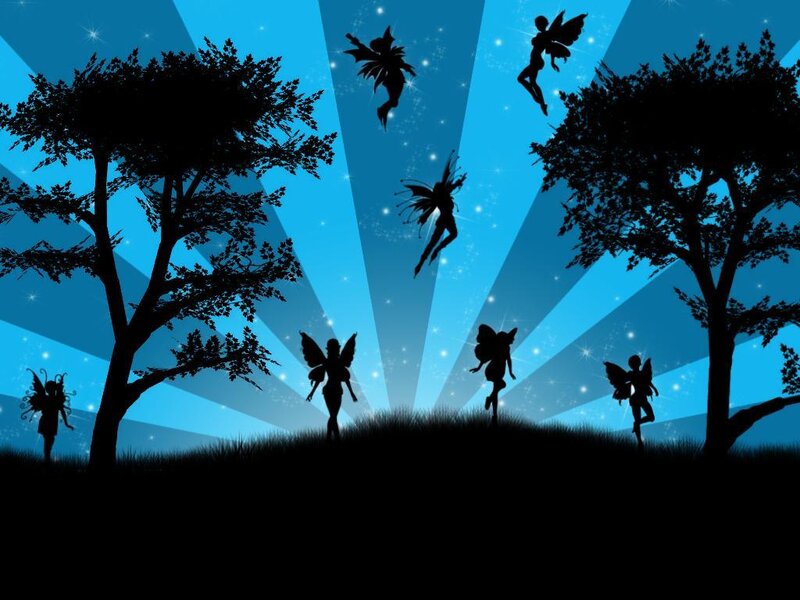 Fairies in a Forest — Blue, Magical, Night, Digital Art, Trees