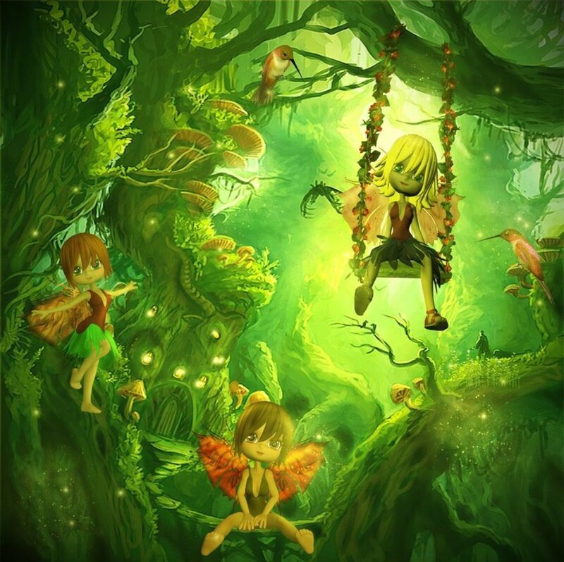 Fairies in a Forest — Green, Magical, Night, Digital Art
