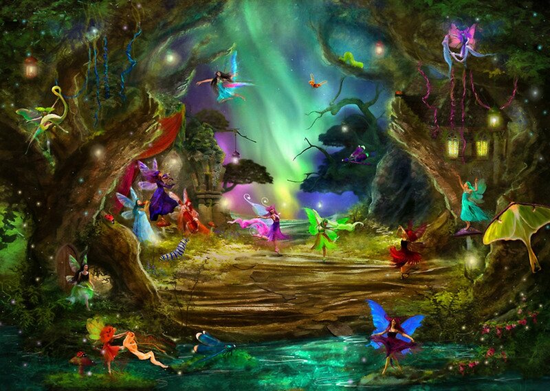 Fairies in a Forest — Green, Magical, Night, Digital Art, Trees