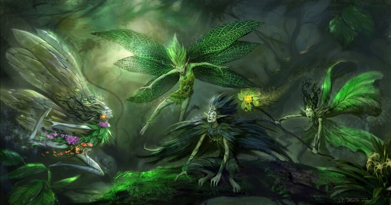 Fairies in a Forest — Green, Mystical, Night, Digital Art