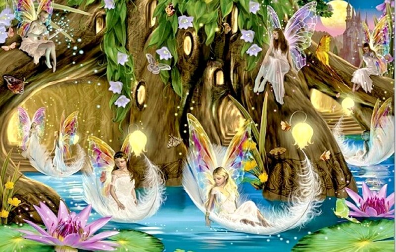 Fairies in a Forest — Green, Serene, Night, Digital Art