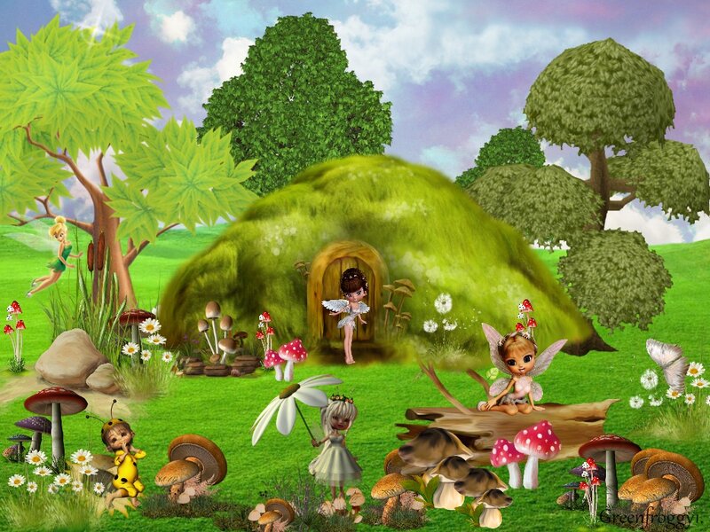 Fairies in a Forest — Green, Whimsical, Afternoon, Digital Art, Mushrooms