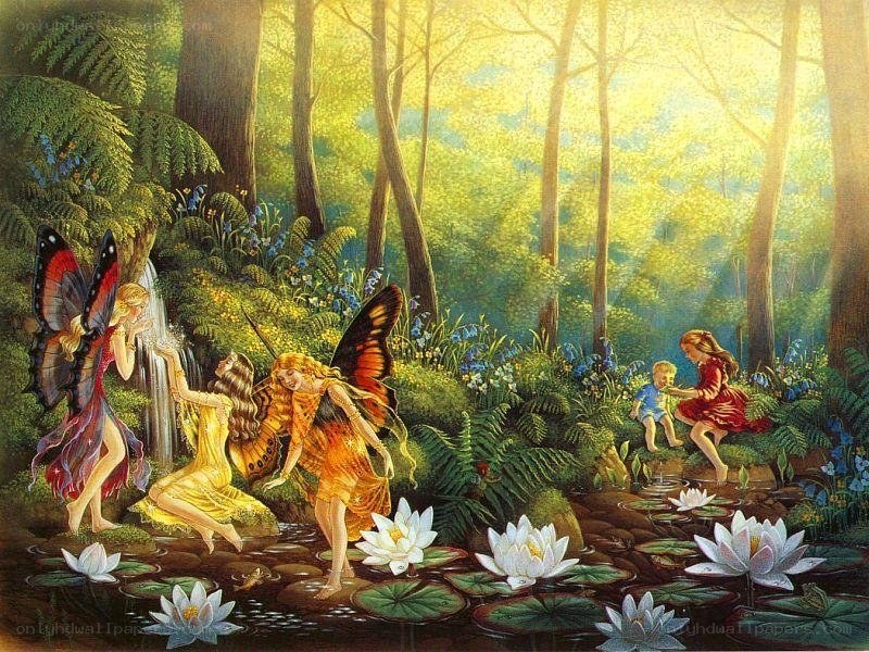 Fairies in a forest pond