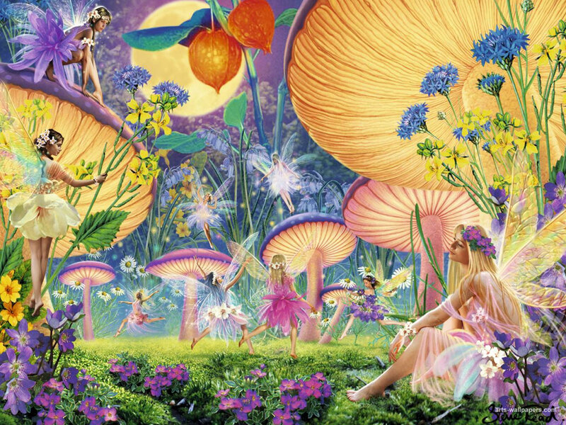 Fairies in a Mushroom Forest — Purple, Whimsical