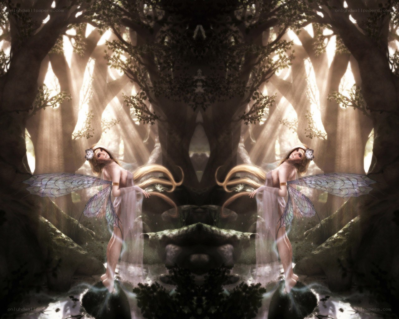 Fairies in a sunlit forest