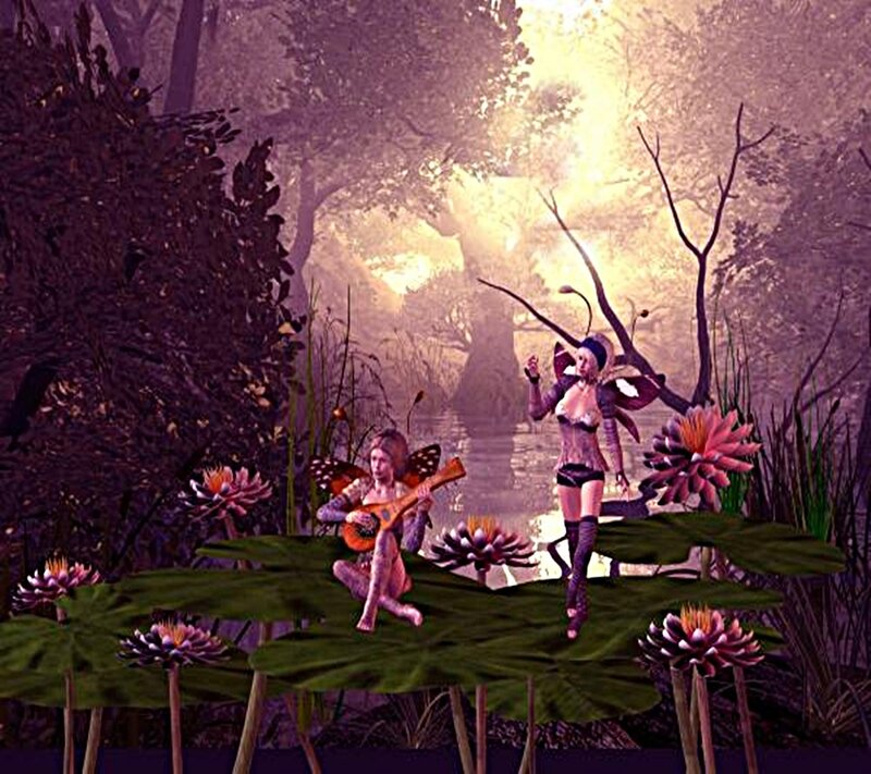 fairies on lily pads in forest