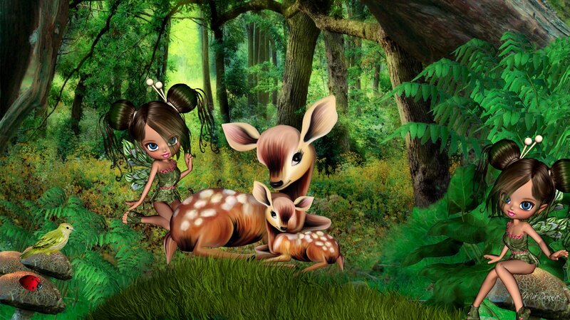 Fairies with Deer in Forest