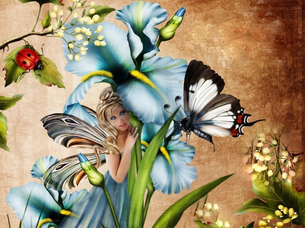 fairy among blue flowers