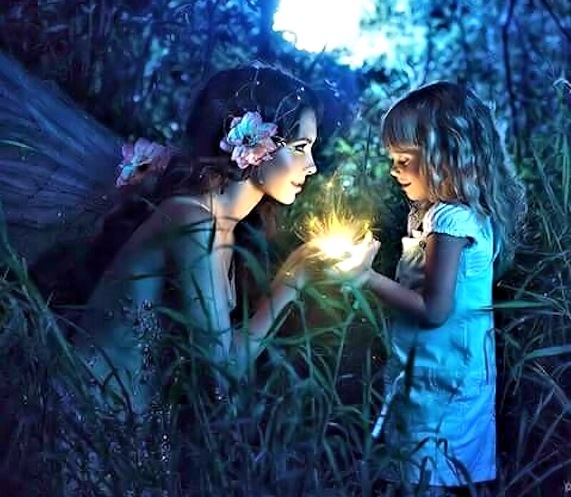Fairy and Child in Forest — Blue, Magical, Night