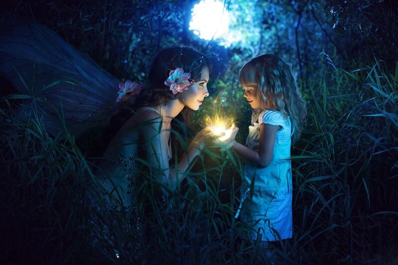 Fairy and Child in Forest — Blue, Magical