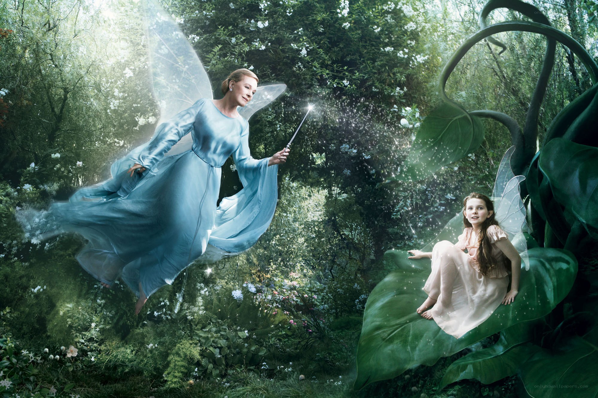 Fairy and child in forest