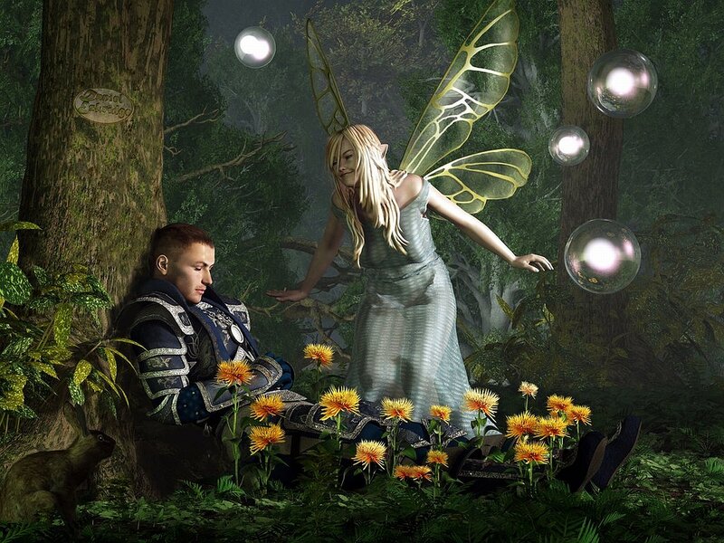 Fairy and Knight in Forest — Green, Serene