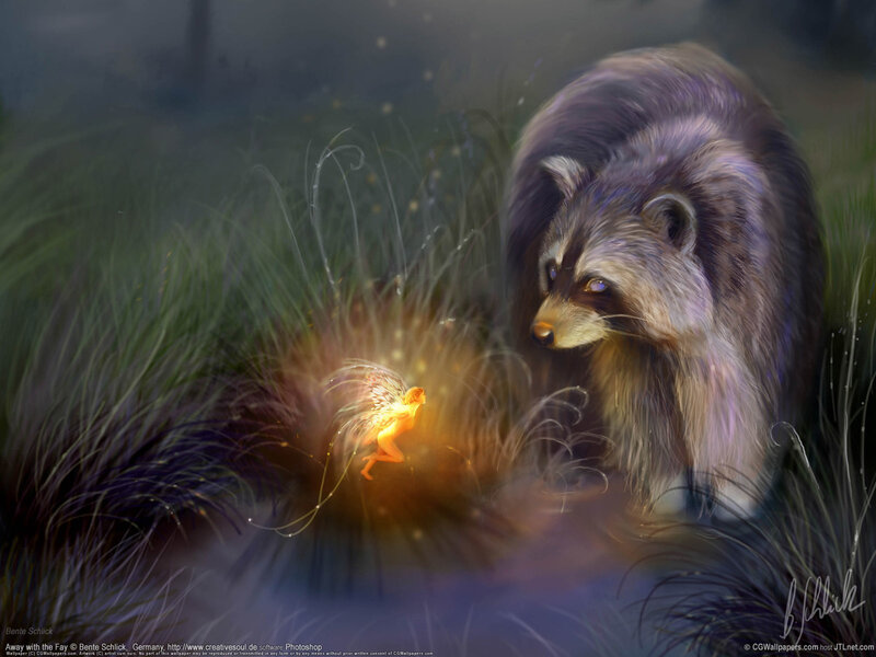 Fairy and raccoon in forest