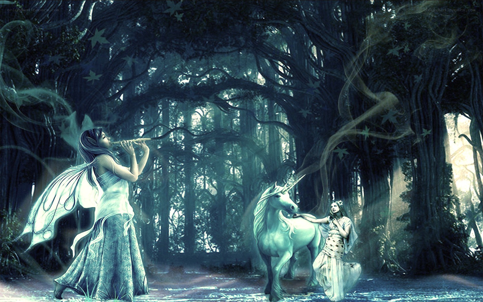 Fairy and unicorn in forest