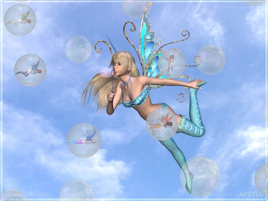 fairy blowing bubbles in sky