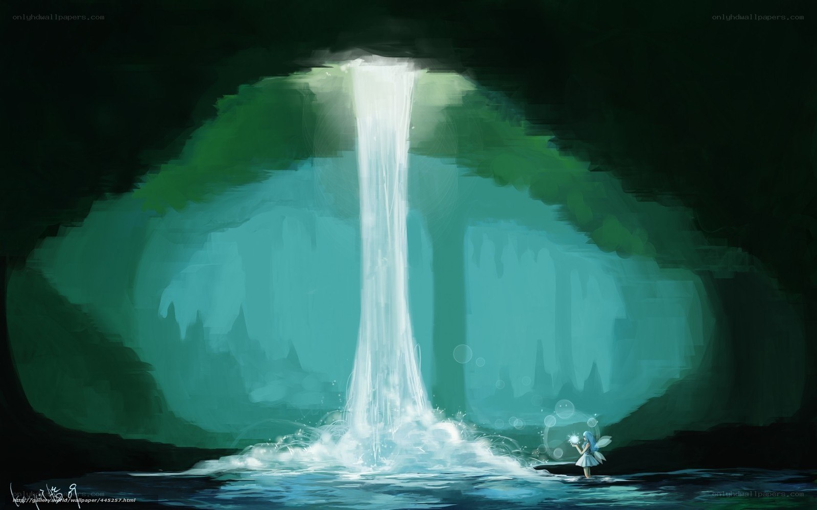 Fairy by a cave waterfall