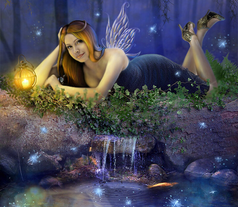 Fairy by a forest stream