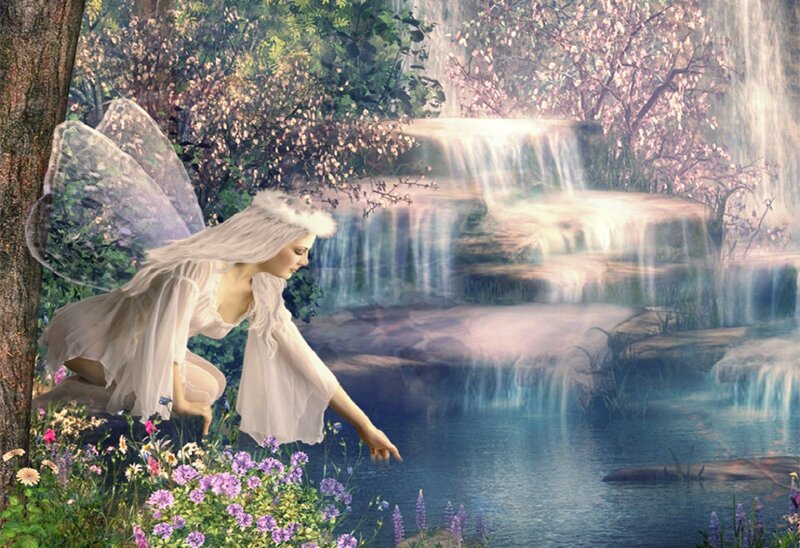 Fairy by a Waterfall — White, Serene