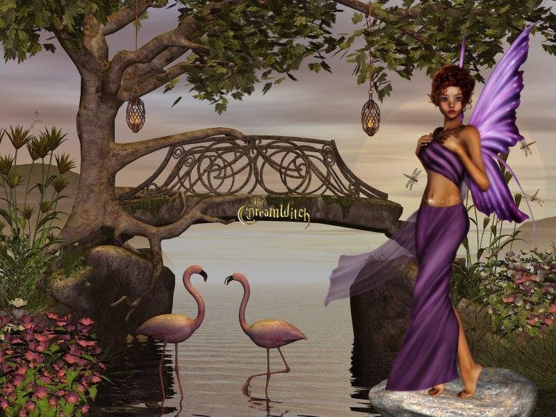 Fairy by the lake with flamingos