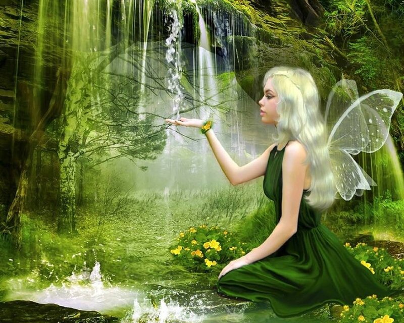 Fairy by Waterfall — Green, Serene, Morning