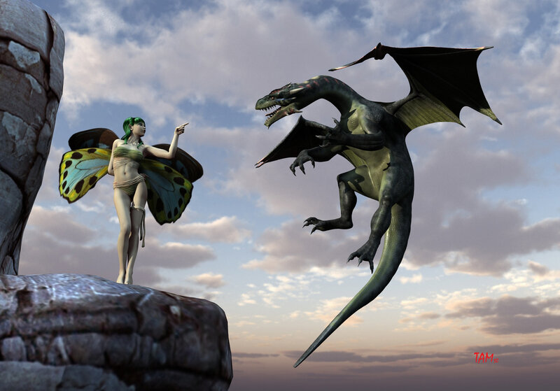 Fairy confronts a dragon