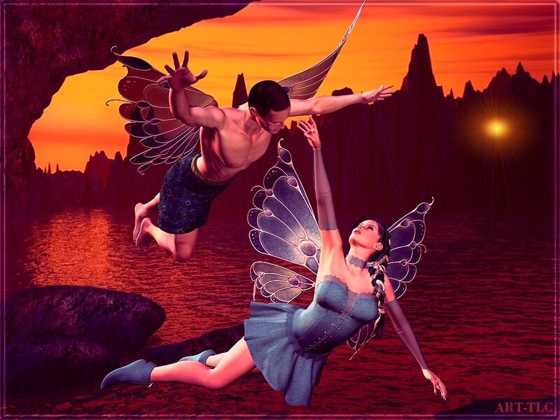 Fairy couple in sunset flight