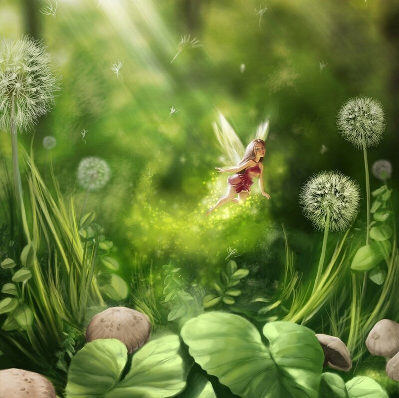 Fairy Flying in Meadow — Green