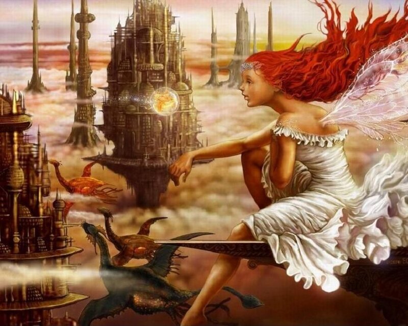 fairy flying over fantasy city