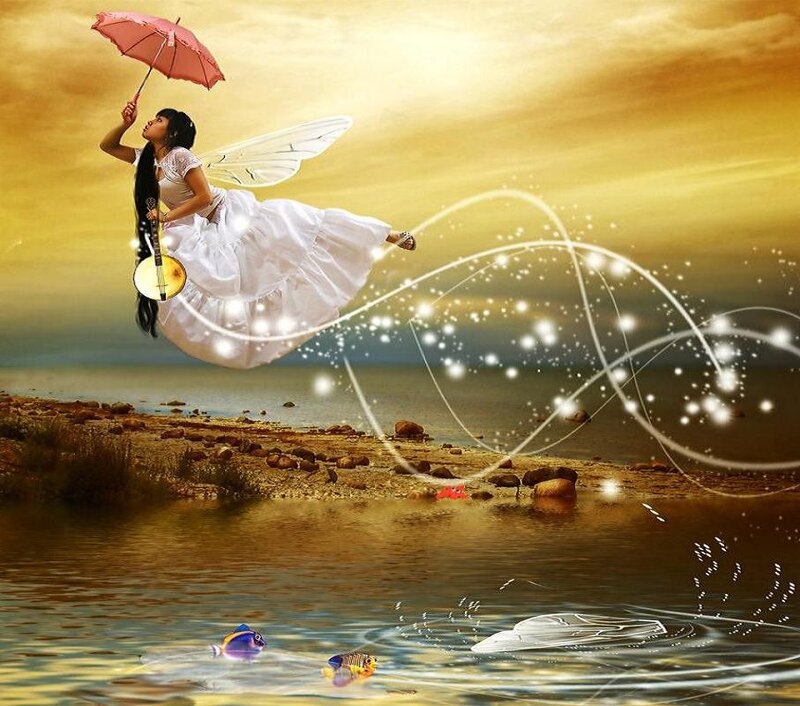 Fairy Flying over Water — Gold